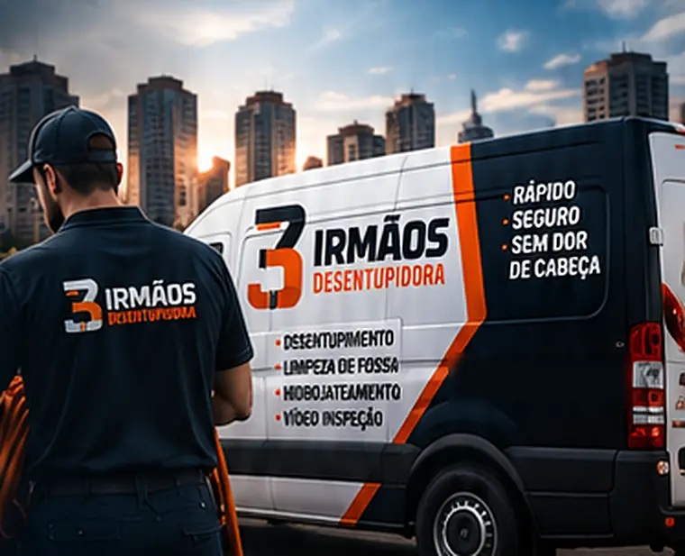 Técnico da 3 Irmãos Desentupidora ao lado do veículo da empresa em Londrina